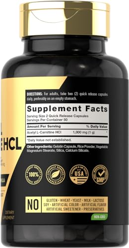 Carlyle Acetyl L-Carnitine HCL Capsules| 1000mg | 100 Count | Non-GMO and Gluten Free