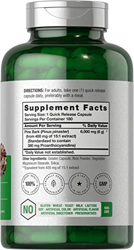Pine Bark Extract | 6000 mg | 180 Capsules | Standardized to Contain 380 mg Proanthocyan