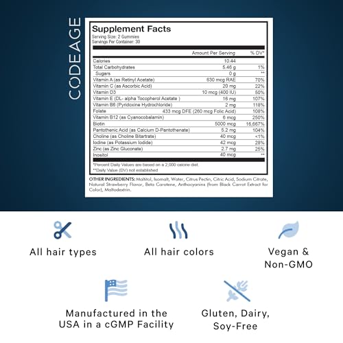 Codeage Hair Gummies, Biotin 5000 mcg, Sugar Free Growth Gummy Vitamins A, C, B6, B12