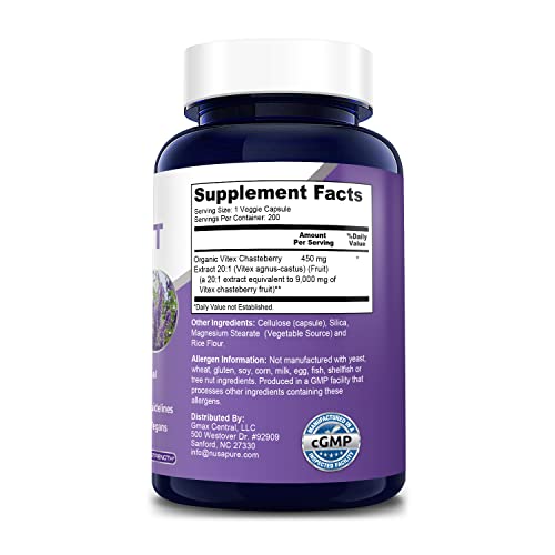 NusaPure Vitex Chasteberry Fruit 20:1 Extract 9,000 mg -200 Veggie Caps 200 Days Supply