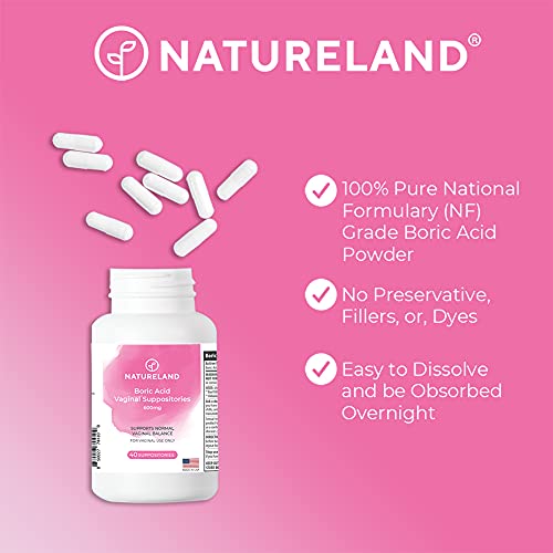 Natureland 40 Count, 600mg Boric Acid Vaginal Suppositories, Made in USA, Restore pH Balance