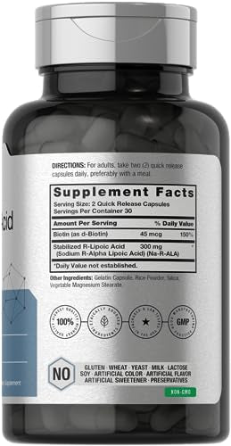 Stabilized R-Lipoic Acid 300mg | 60 Capsules | with Biotin Optimizer | Non-GMO, Gluten