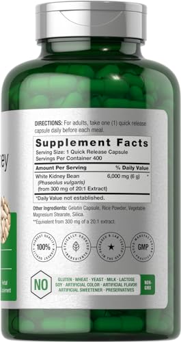 White Kidney Bean Extract Capsules | 6000mg | 400 Count | Non-GMO & Gluten Free
