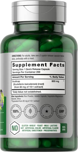 Scullcap Capsules | 800 mg | 200 Count | Max Potency, Value Size | Non-GMO and Gluten