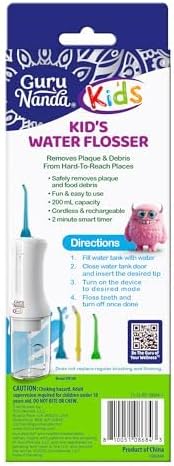 GuruNanda Kids Water Flosser Cordless, Braces-Friendly, Ages 6+, White, 1ct