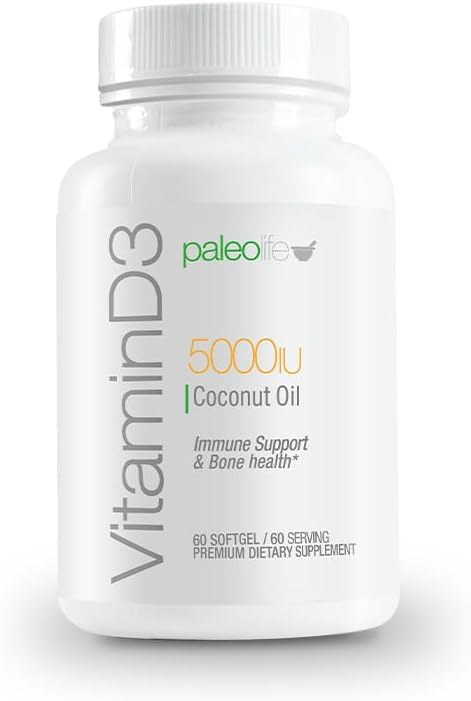 Premium Vitamin D3 5000 IU- New Formula: Paleo Life Vitamin D3 5000iu Premium High Potency with Coconut Oil - 60 Capsules. (2-Pack)