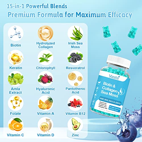 2 Pack Biotin Gummies 15000mcg with Collagen, Sea Moss, Chlorophyll & Keratin for Hair