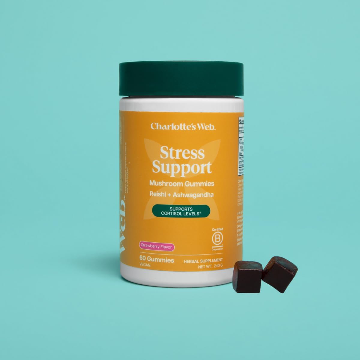 Charlotte's Web Stress Support Mushroom Gummies w/Reishi, Ashwagandha, Rhodiola Rosea Supplement — Natural Supplement — Strawberry-Flavored Ashwagandha Gummies (30 Servings)