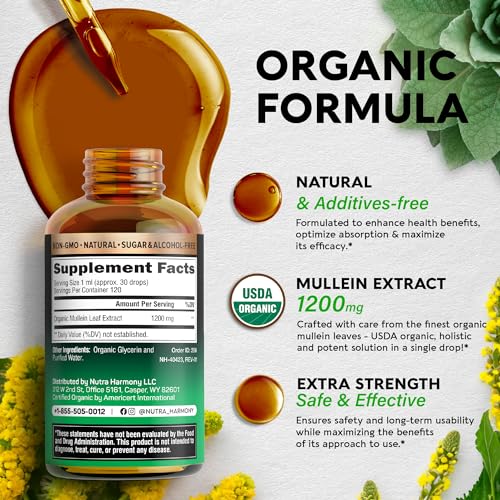 USDA Organic Mullein Drops for Lungs - Mullein Leaf Extract Supplement - Made in USA