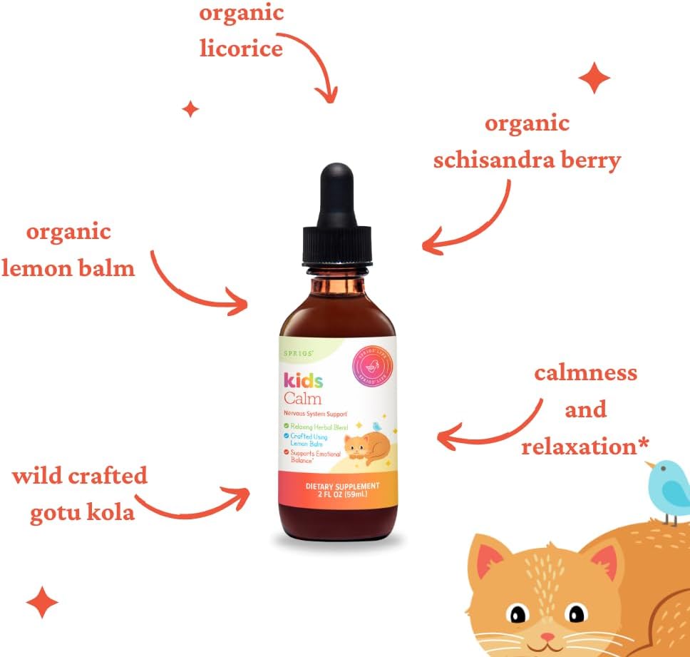SPRIGS Kids Calm Liquid Supplement | Organic Schisandra Berry and Lemon Balm for Calm Nervous System | Herbal Drops for Kinds Relaxation Emotional Balance Sweet Taste Easy Daily Dosing Bottle, 2 Fl Oz