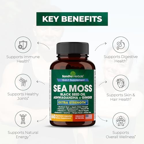 Sandhu Herbals Zinc 50mg & Sea Moss Black Seed Oil Ashwagandha Ginger Burdock Root Supplement for Men & Women| Made in USA