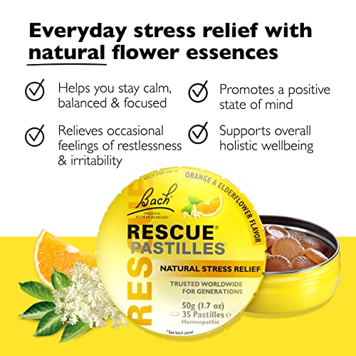 RESCUE Bach PASTILLES, Orange and Elderflower Flavor, Natural Stress