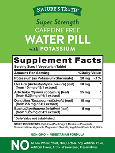 Nature's Truth Super Strength Water Pill with Potassium | 90 Count | Caffeine Free | Vegetarian