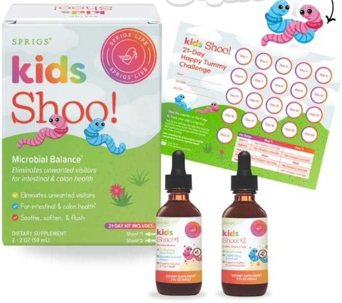 SPRIGS Kids Shoo Microbial Balance Dietary Supplement, 2 x 2 Oz | Gentle Herbal Digestive Cleanse to Support Intestinal & Colon Health | 21 Day Kit for Children for Healthy Digestion & a Happy Tummy