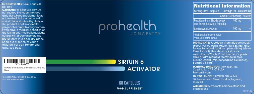 ProHealth Sirtuin 6 Activator | 60 Capsules | Fucoidan-Rich Seaweed Extract to Activate SIRT6 for Longevity, DNA & Cellular Support | Triple Lab-Tested, GMP-Manufactured in USA