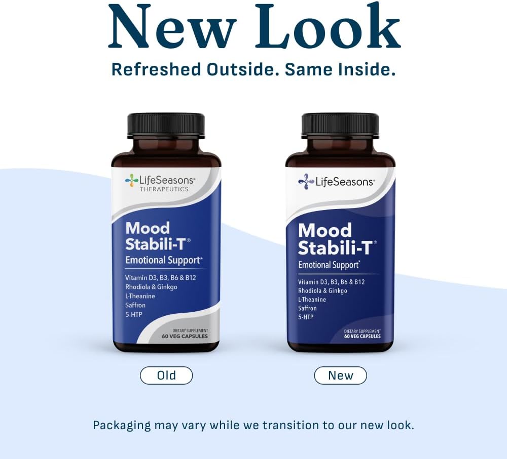 LifeSeasons Mood Stabili-T Emotional Support & Balance Supplement with Saffron, Rhodiola, L-Theanine, 5-HTP & Ginkgo – Calm Focus, Stress Support & Positive Mood – 60 Veg Capsules