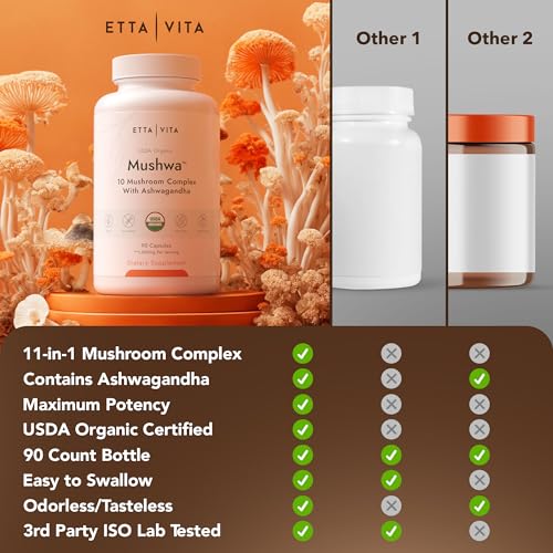 USDA Organic Lions Mane Supplement Capsules with Ashwagandha, Chaga, Reishi, Cordyceps