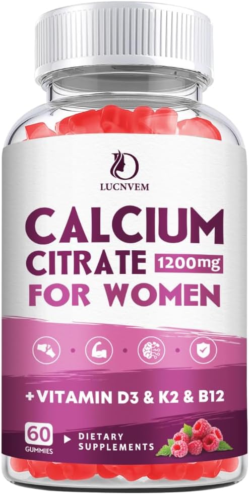 Calcium Gummies for Women, Calcium Citrate 1200 mg with Vitamin D3 K2 B12 | High Absorption Calcium Citrate Supplement for Digestion Bone & Teeth Support, Sugar Free Raspberry Flavor, 30 Day Supply