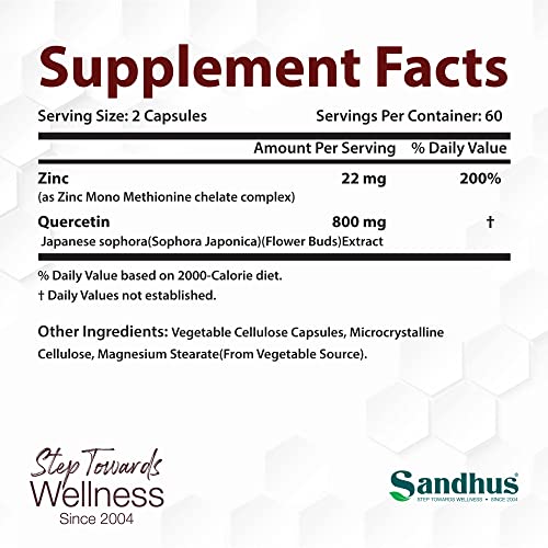 Sandhu's Zinc Quercetin 120 Vegetarian Capsules – Zinc Supplements for Antioxidant