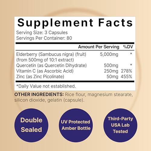 NatureBell Sambucus Elderberry Capsules, 5000mg Per Serving with Quercetin 500mg