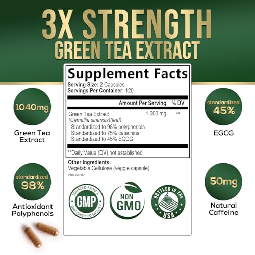 Nature's Green Tea Extract Pills 98% Standardized EGCG 1000mg - 3X Strength for Natural