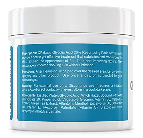 QRxLabs Glycolic Acid 20% Resurfacing Pads for Face & Body with Vitamins B5