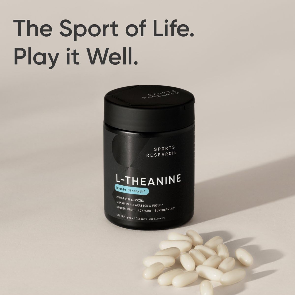Sports Research Double Strength L-Theanine Supplement - Suntheanine Softgels for Focus, Relaxation & Alertness - Non-Drowsy Support Made with Coconut Oil, Non-GMO & Gluten Free - 200mg, 60 Count