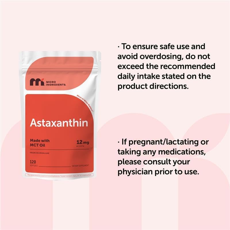 Micro Ingredients Astaxanthin 12mg with MCT Oil, 120 Softgels, 4 Month Supply | Premium Astaxanthin Antioxidant Supplements* | Fresh Microalgae Source | Triple Strength, Non-GMO, Gluten Free, No Soy