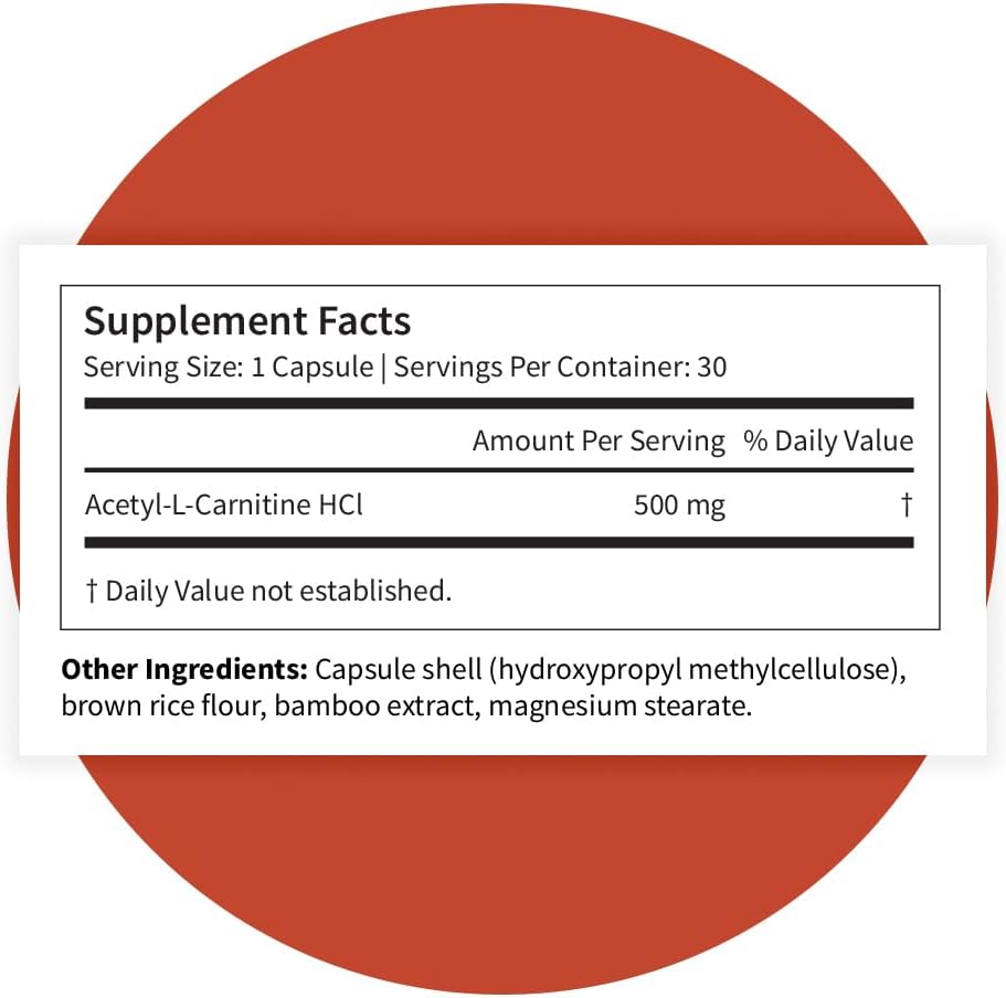 Pattern Wellness Acetyl-L-Carnitine 500 mg Capsules – ALCAR Supplement for Cellular Energy Production, Cognitive Health & Healthy Metabolism – Vegan, Non-GMO – 30 Capsules