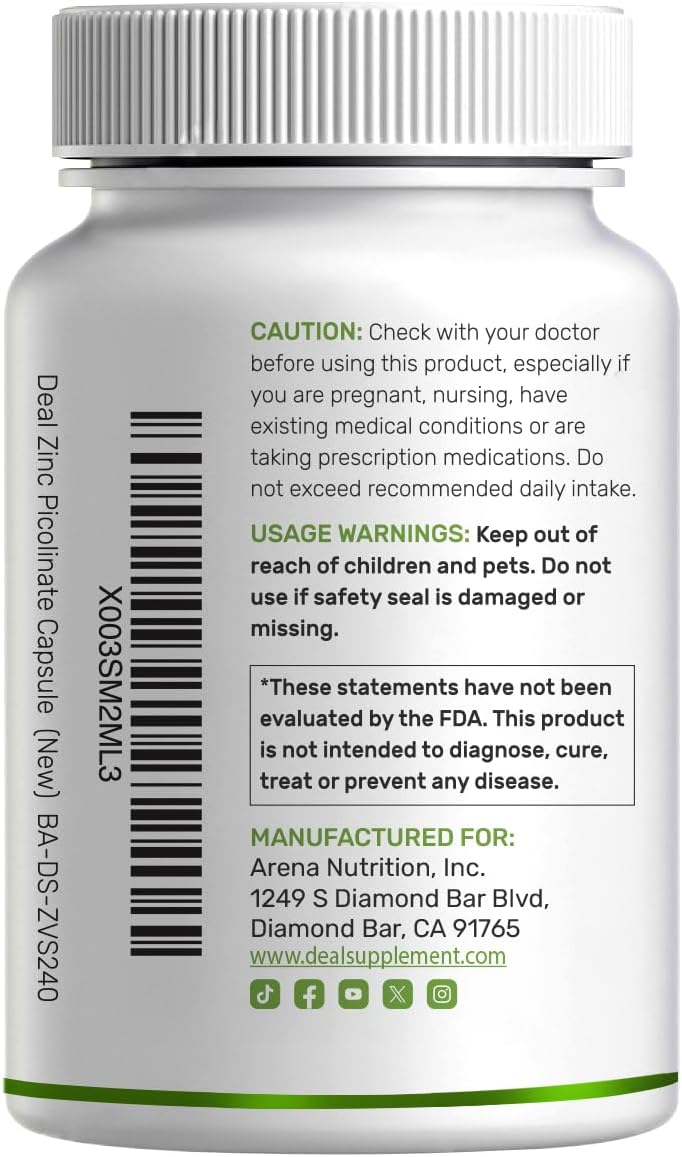 Zinc Picolinate 50mg with Copper & Selenium, 240 Capsules | 3-in-1 High Absorption Mineral Complex | Chelated Zinc Supplement for Immune Support* | 8 Month Supply