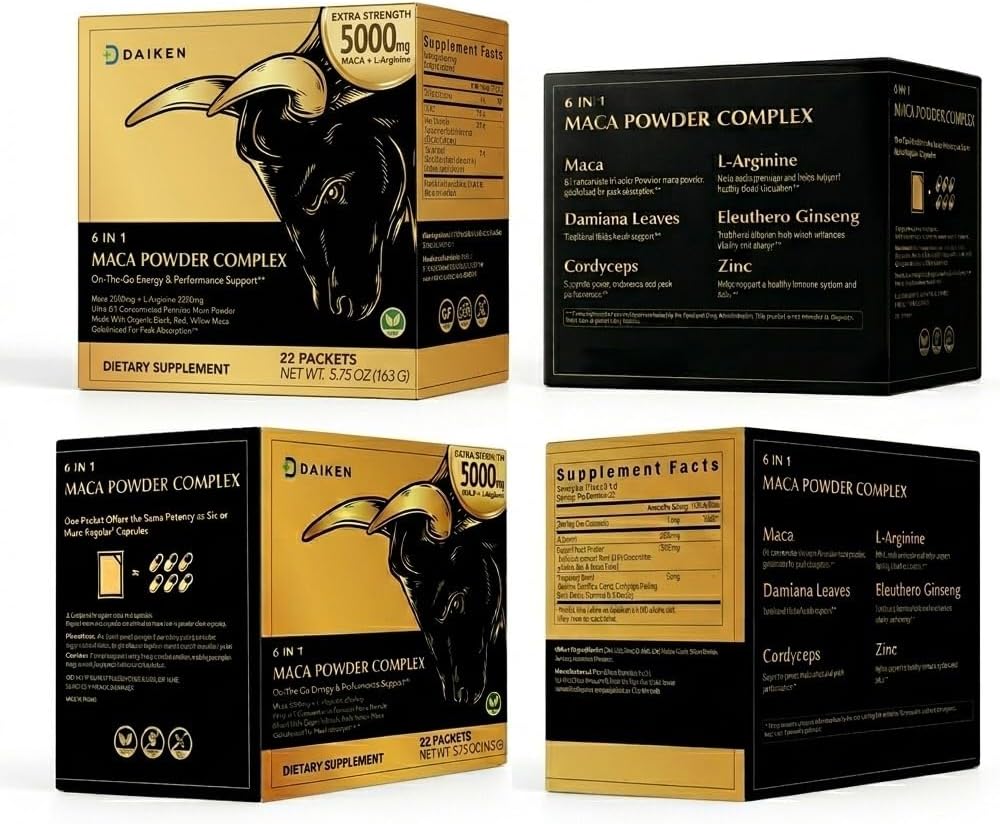 DAIKEN Peruvian Maca Root Powder Extra Strength 5,000 mg, Gelatinized Black, Red, Yellow Maca Blend with L-Arginine (2,500 mg) for Men and Women, Superior Absorption, Vegan, Lab Tested - 22 Packets