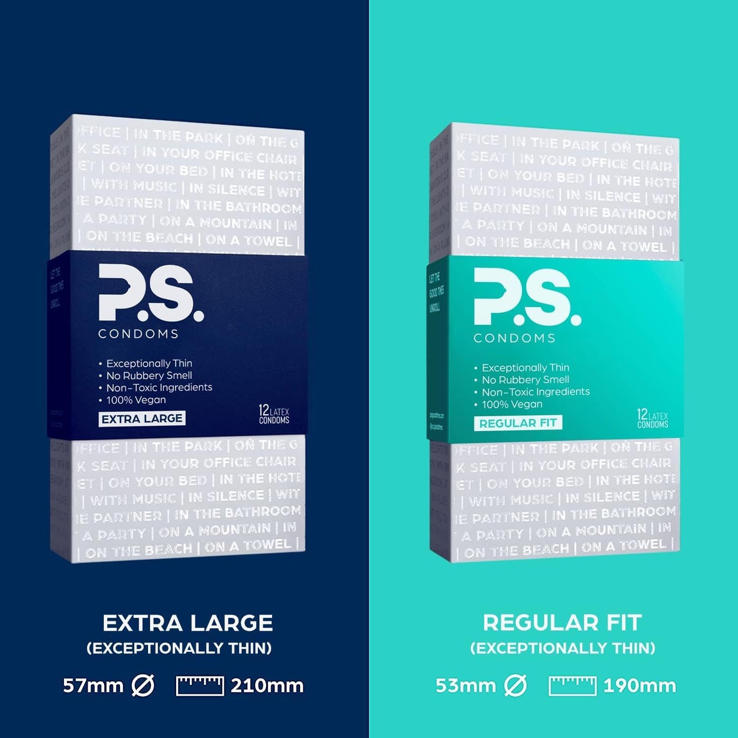 PS Condoms Exceptionally Thin Latex Condoms, Clean & Odorless, 12 Pack | Individually tested, 0.045 mm natural rubber, 40% thinner, lubricated, vegan, and free of PFAS, gluten, glycerin and parabens