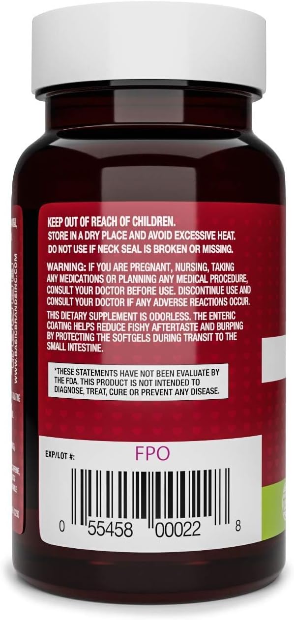 Basic Brands Smart Heart Odorless Omega-3 Fish Oil, Burp-Less, No Fishy Smell, 1000 mg, 90 Count | EPA DHA, Burpless, Heart Brain Joint, 90 Softgels