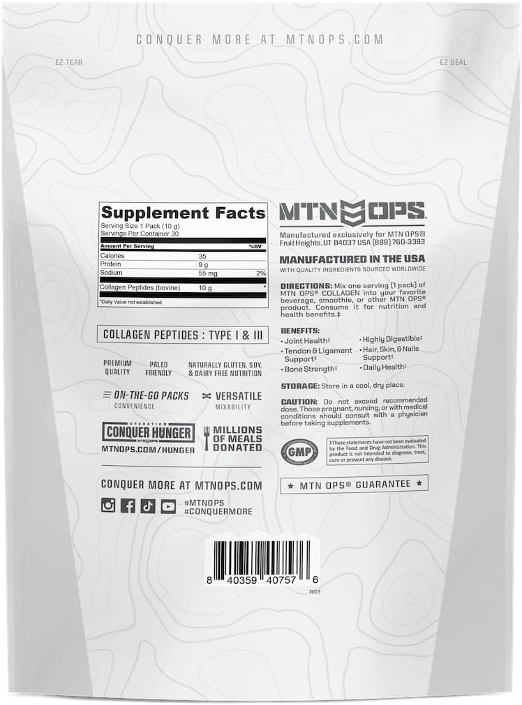 MTN OPS Collagen Peptides Stick Packs, Unflavored Protein Powder