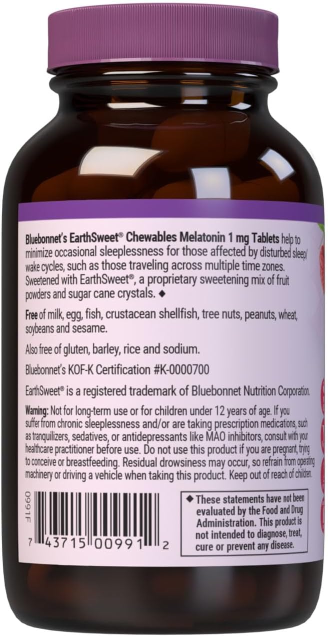 Bluebonnet Nutrition EarthSweet Melatonin 1 mg Fast-Acting Quick Dissolve Nighttime Relaxation & Restful Sleep Support - Sleep Aid - Gluten-Free, Vegan - Raspberry Flavor - 120 Chewable Tablets