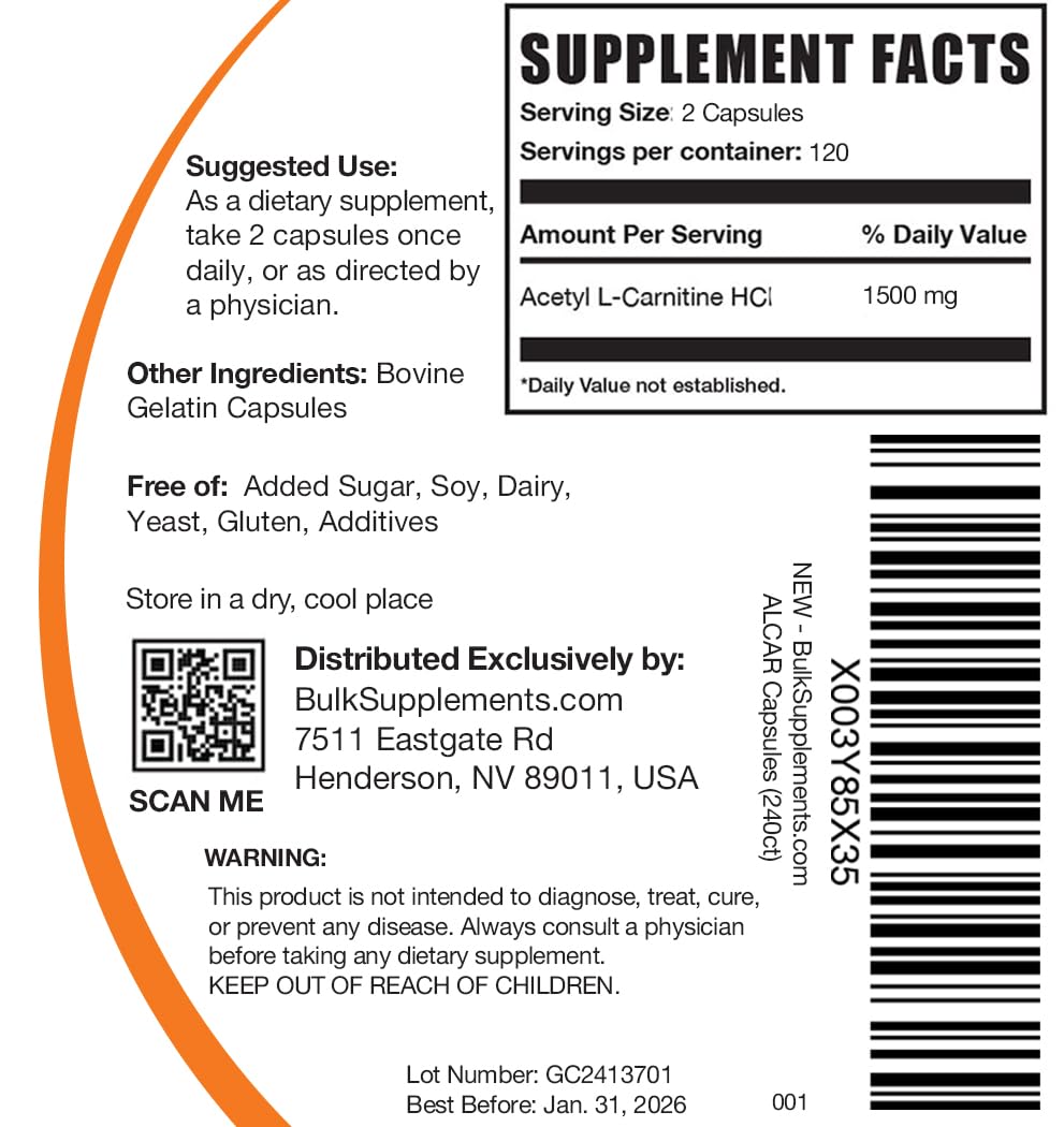 BulkSupplements.com Acetyl L-Carnitine Capsules - ALCAR HCl, Carnitine Supplement - ALCAR Capsules, Acetyl L-Carnitine 1500mg - Gluten Free, 2 Capsules per Serving, 240 Capsules