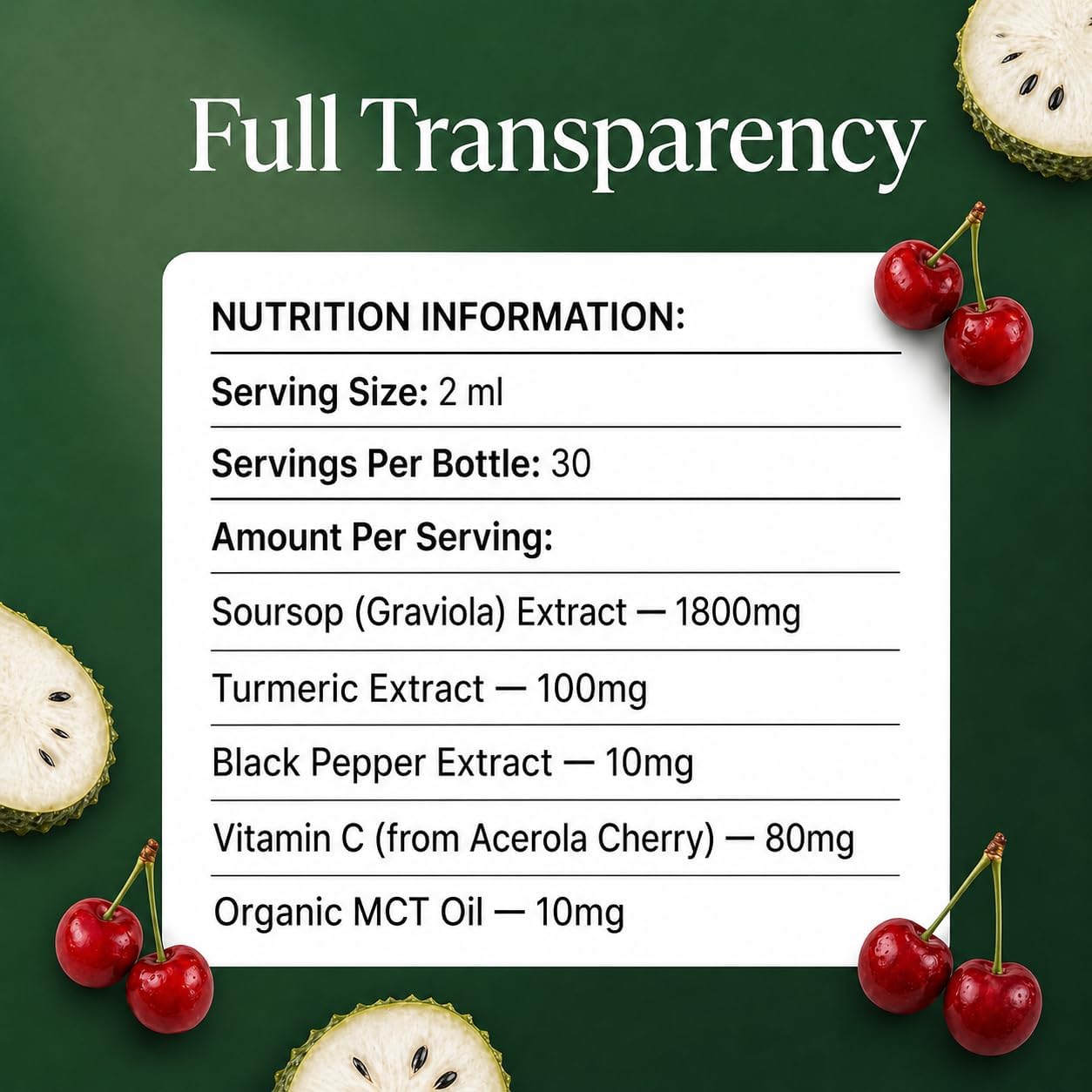 Soursop Graviola Liquid Drops 2000mg, Bitters Complex with Acerola Cherry, Turmeric and Black Pepper Extract, Fast Absorption Botanical Formula, Alcohol Free, 60mL 2 fl oz