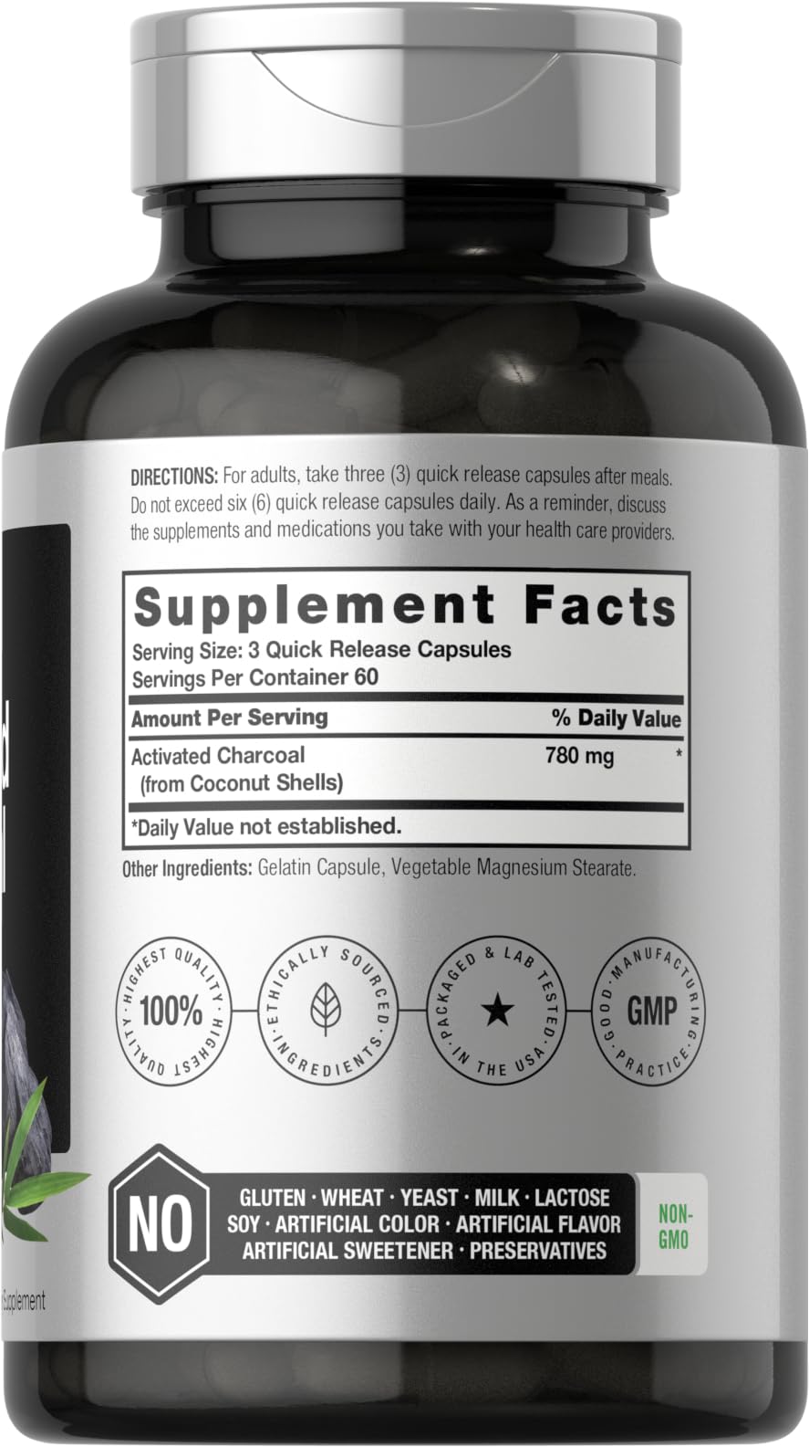 Horbaach Charcoal Pills 780mg | 180 Capsules | Activated Charcoal from Coconut Shells