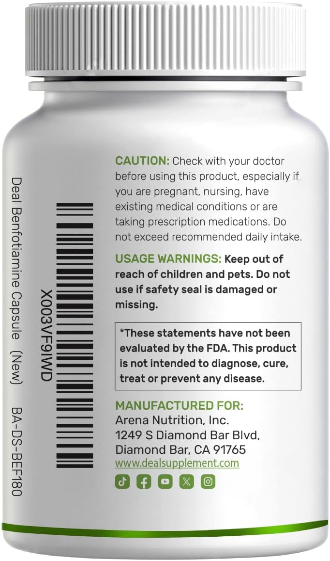 Benfotiamine 600mg Per Serving, 180 Veggie Capsules (300mg Per Cap) – Fat Soluble Vitamin B1 Thiamine Supplement – 3rd Party Tested, Vegan, Non-GMO, Gluten Free