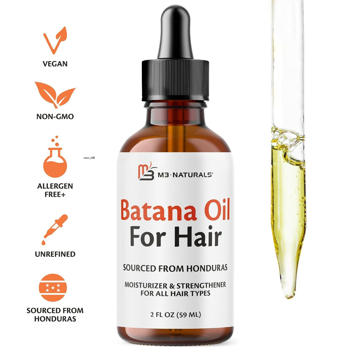 M3 Naturals Vegan Batana Oil | Unrefined Batana Oil for Hair & Skin | Supports Healthy Skin & Collagen Production | 100% Pure Batana & Non-GMO | 2 FL OZ (59 ML)