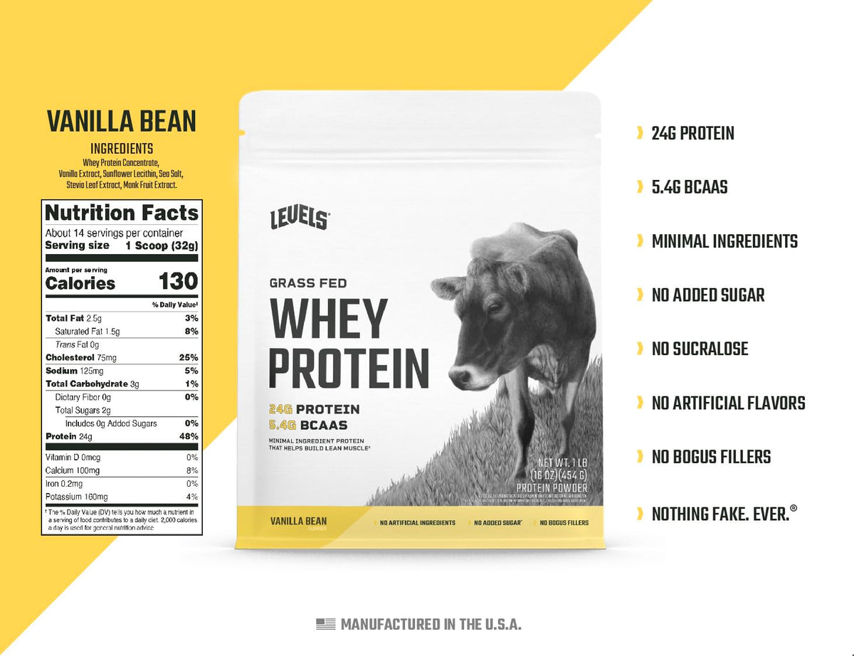 Levels Grass Fed 100% Whey Protein, No Hormones, Vanilla Bean, 1LB