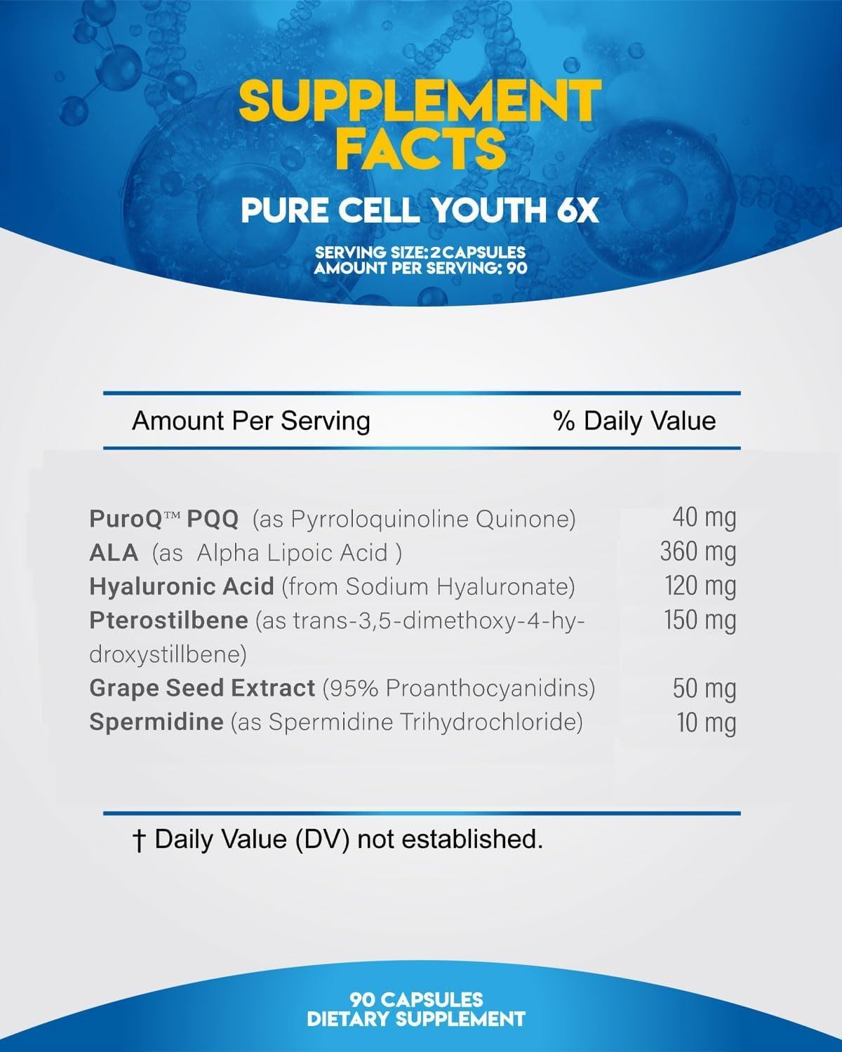 AJS Pure Cell Youth 6X PRO, PQQ, R-Lipoic Acid & Spermidine, 90 Capsules With Pterostilbene, Sodium Hyaluronate & Grape Seed Extract, Dietary Supplement