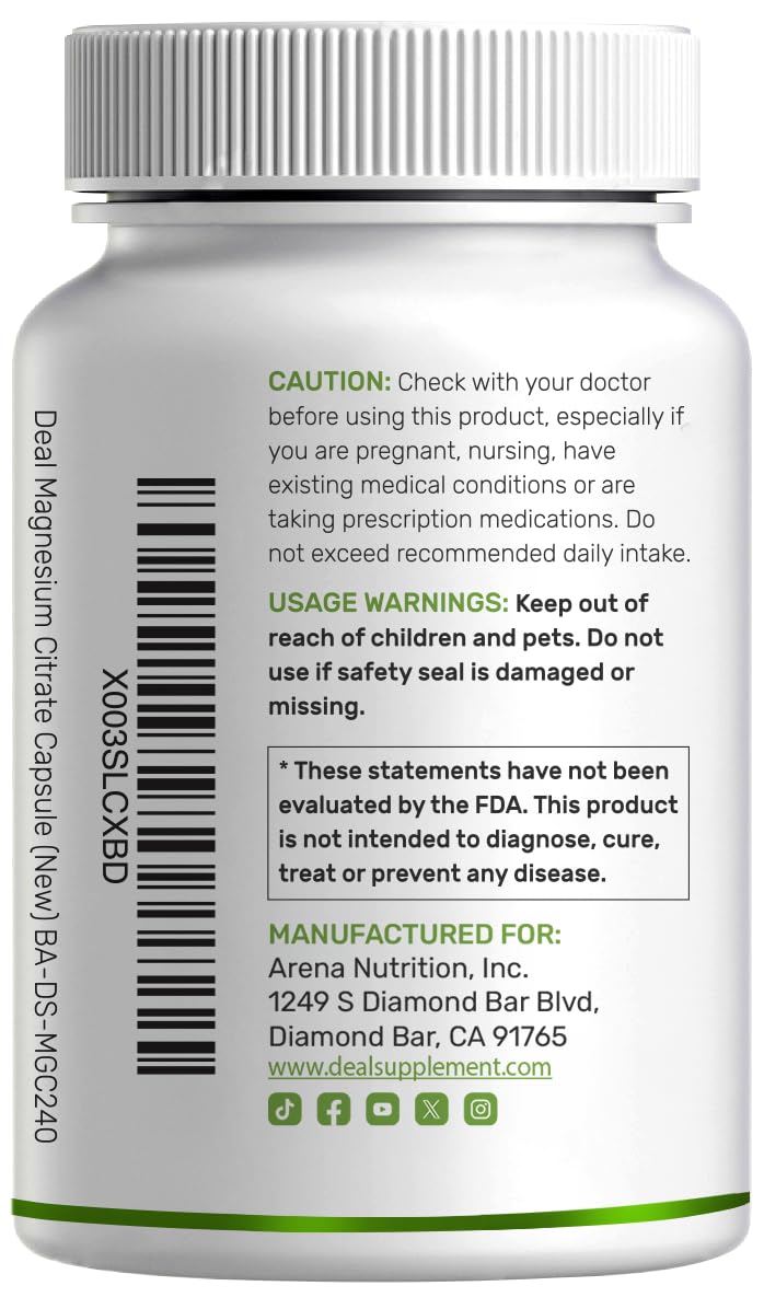 Deal Supplement Magnesium Citrate 500mg, 240 Capsules | One a Day, Easily Absorbed, Purified Trace Mineral – Non-GMO