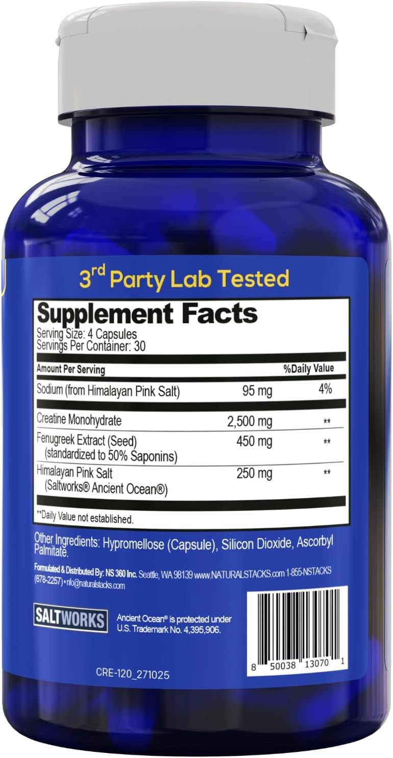Creatine Monohydrate 2500mg Capsules, Advanced Absorption, 120 Count | With 450mg fenugreek extract and 250mg Himalayan pink salt. Supports muscle building, endurance, and brain health.