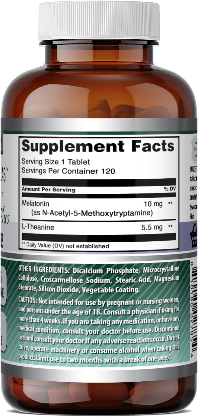 Amazing Formulas Melatonin 10 Mg Plus L-Theanine 5.5 Mg Supplement | Tablets | Non-GMO | Gluten Free | Made in USA | (1 Pack, 120 Tablets)