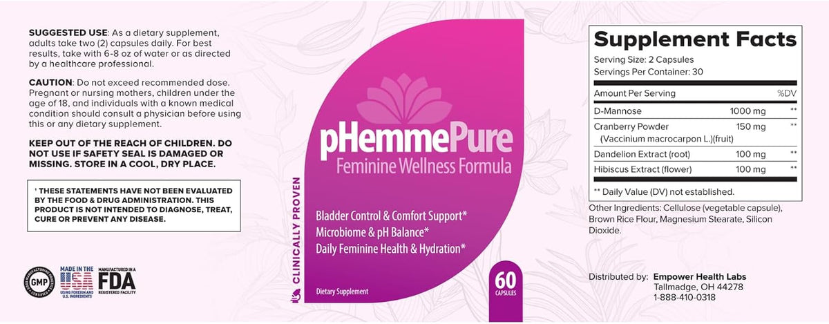 pHemmePure Advanced Feminine Balance Formula with D-Mannose Cranberry Extract Hibiscus & Dandelion - Daily Urinary Tract Support for Women - Promotes Healthy Vaginal pH & Bladder Comfort - 60 Capsules