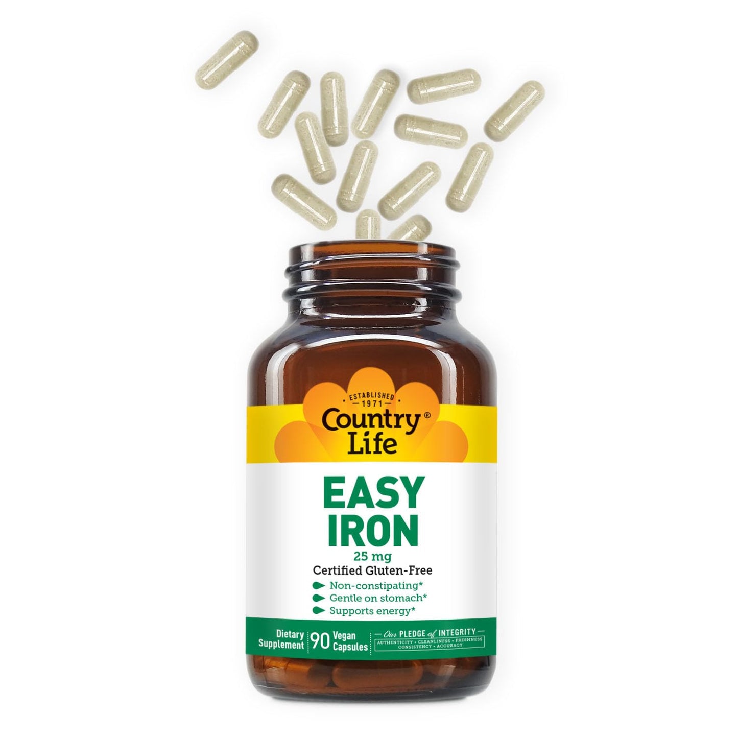Country Life Easy Iron 25 mg | Gentle, Non-Constipating Iron Supplement | Supports Energy & Red Blood Cell Production | Certified Gluten-Free & Vegan | 90 Vegan Capsules