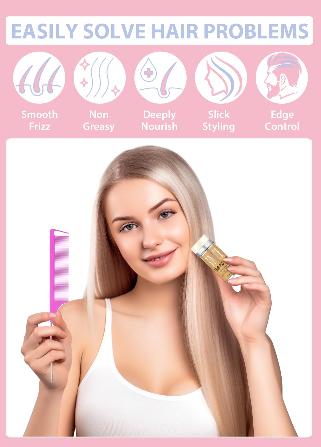 Hair Wax Stick, Edges Brush, Rat Tail Comb, Bristle Brush Set 4Pcs, Wax Stick for Hair