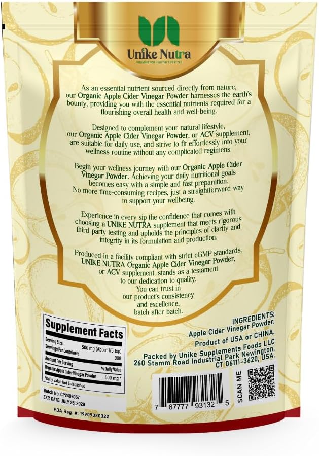 Organic Apple Cider Vinegar Powder - Apple Cider Vinegar Supplement, ACV for Digestive Support - Vegan & Gluten Free, 500mg per Serving, 454g (1 lbs)