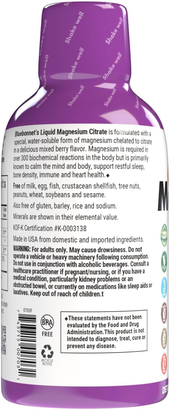 Bluebonnet Nutrition Magnesium Citrate 420 mg - Calm Mind & Body* – Supports Heart, Muscle & Sleep* - Non-GMO, Vegan, Kosher, Gluten-Free, Soy-Free, Milk-Free - 16 FL OZ, Mixed Berry Flavor